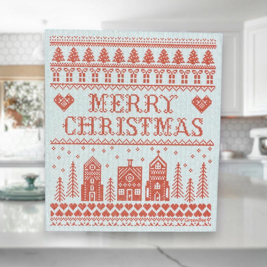 Merry Christmas Red Swedish Dishcloth NEW