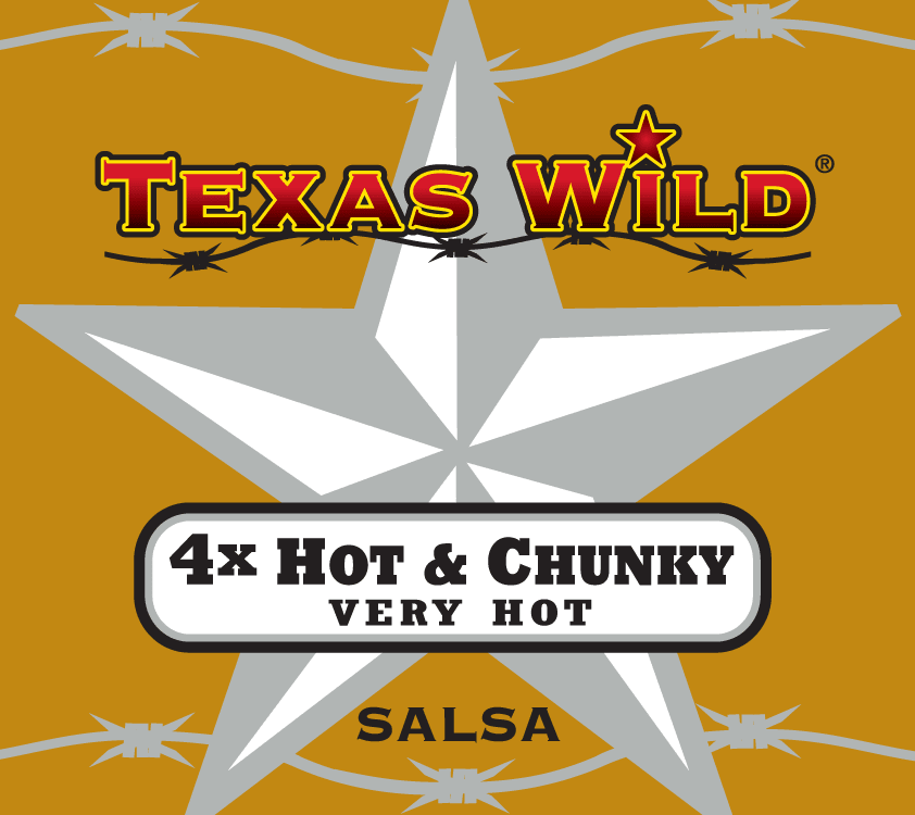 Texas Wild™ 4x Hot & Chunky salsa product label. Visit Texas Wild Brand online.