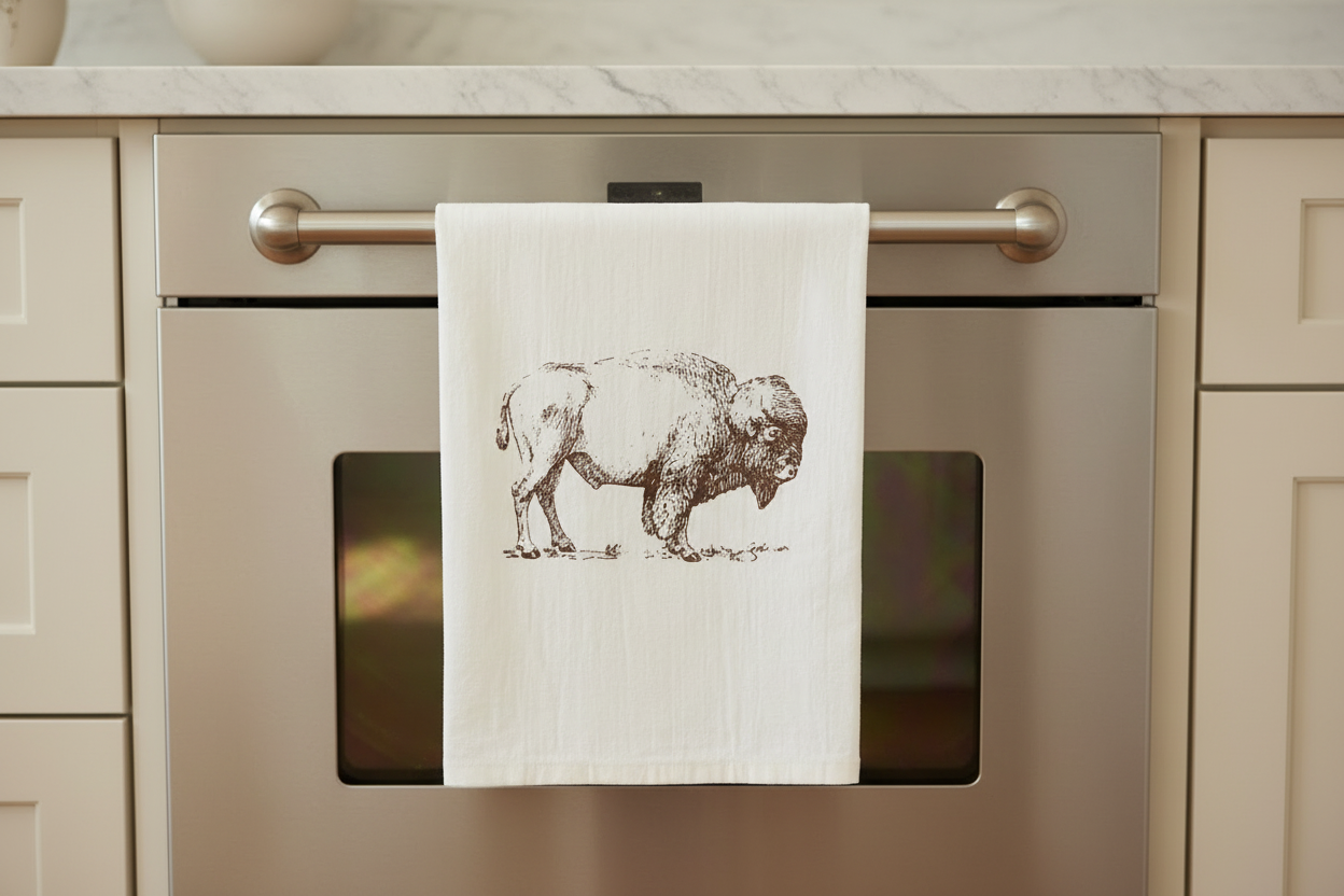 Bison buffalo kitchen tea towel in brown ink. Great for Yellowstone themed wildlife gifts, kitchen goods and decor available at Texas Wild™.