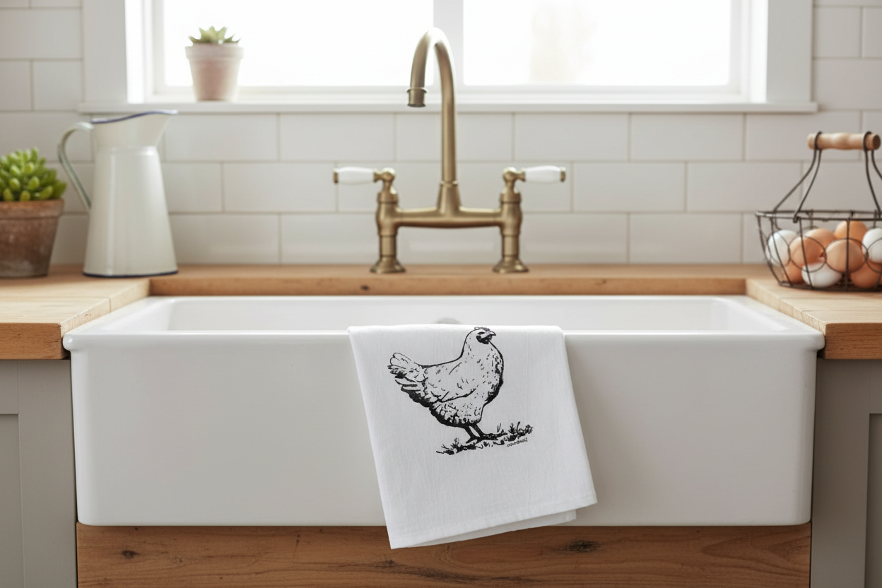 Farmhouse chickens kitchen tea towels. Great for country farm gifts, kitchen goods and decor. See TexasWildBrand.com for info.