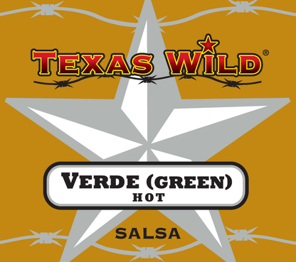 Texas Wild™ Verde Green hot salsa label. Visit Texas Wild Brand online.