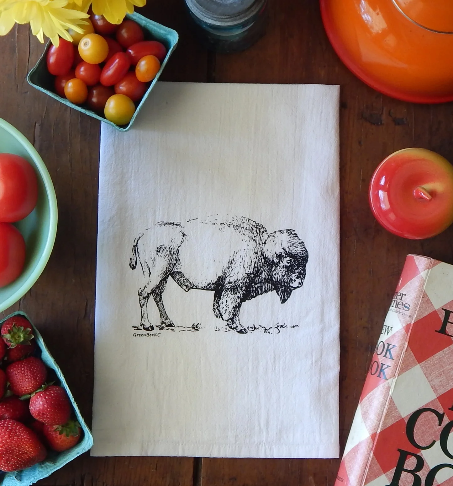 Bison buffalo themed kitchen tea towel printed with black ink.  Visit TexasWildBrand.com for more info.