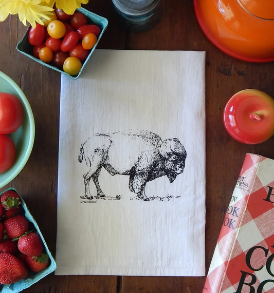 Bison buffalo themed kitchen tea towel printed with black ink.  Visit TexasWildBrand.com for more info.