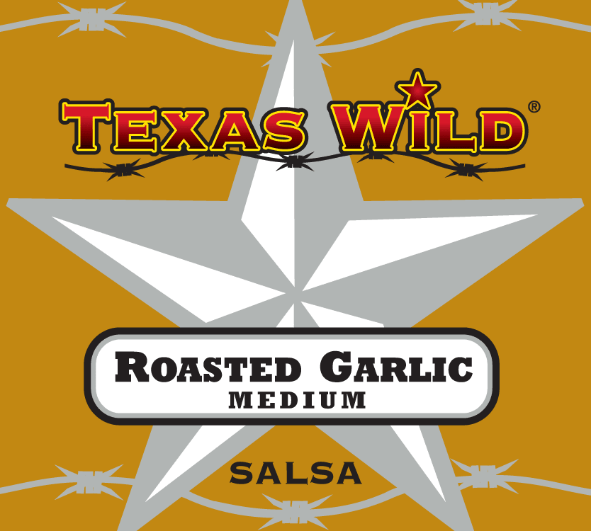Texas Wild™ Roasted Garlic medium salsa best selling product label.  Visit Texas Wild Brand online.