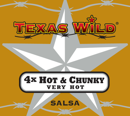 Texas Wild™ 4x Hot & Chunky salsa product label.  Visit Texas Wild Brand online.