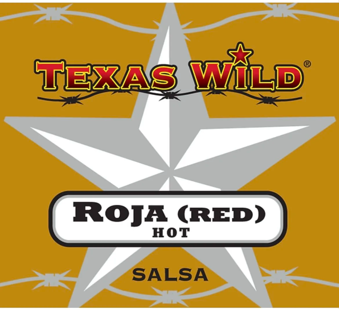 Texas Wild™ Roja (Red) hot salsa product label.  Visit Texas Wild Brand online.