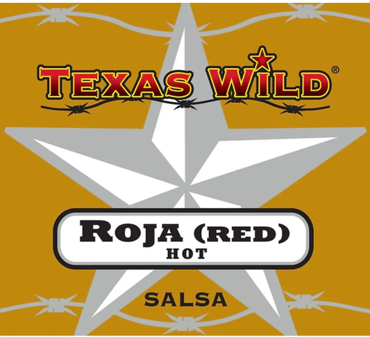 Texas Wild™ Roja (Red) hot salsa product label.  Visit Texas Wild Brand online.