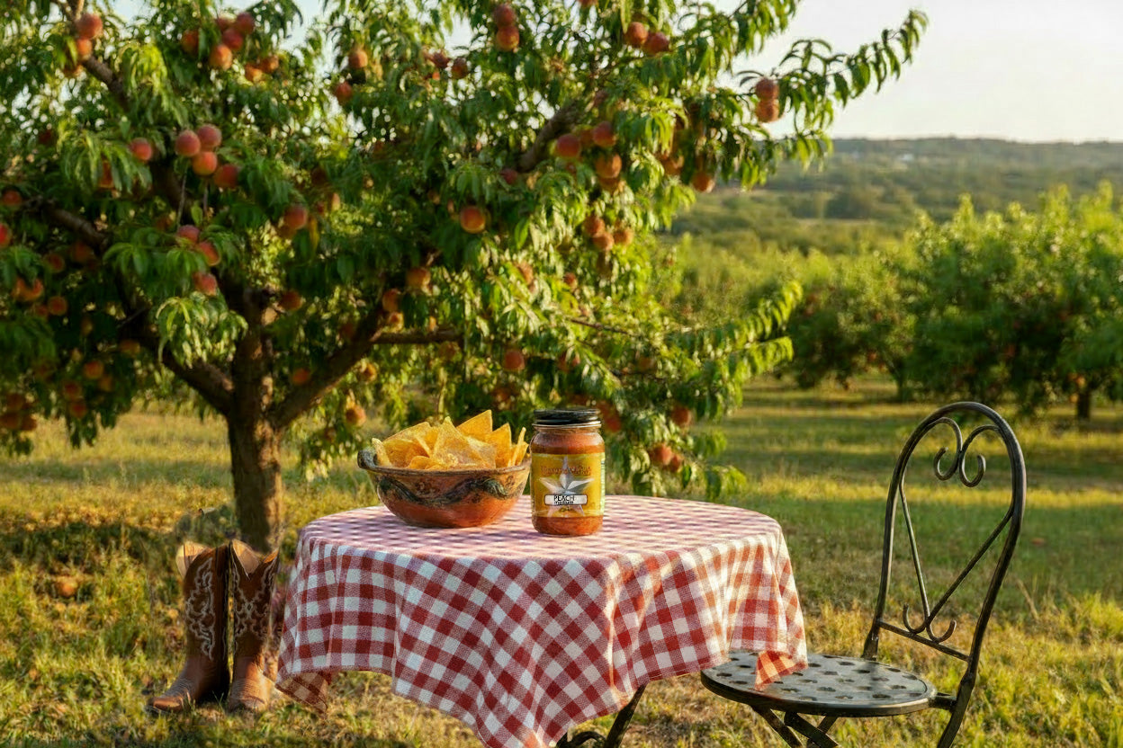 Texas Wild™ original Peach Salsa captures the essence of Fredericksburg peaches.   Texas made wholesale products available at TexasWildBrand.com