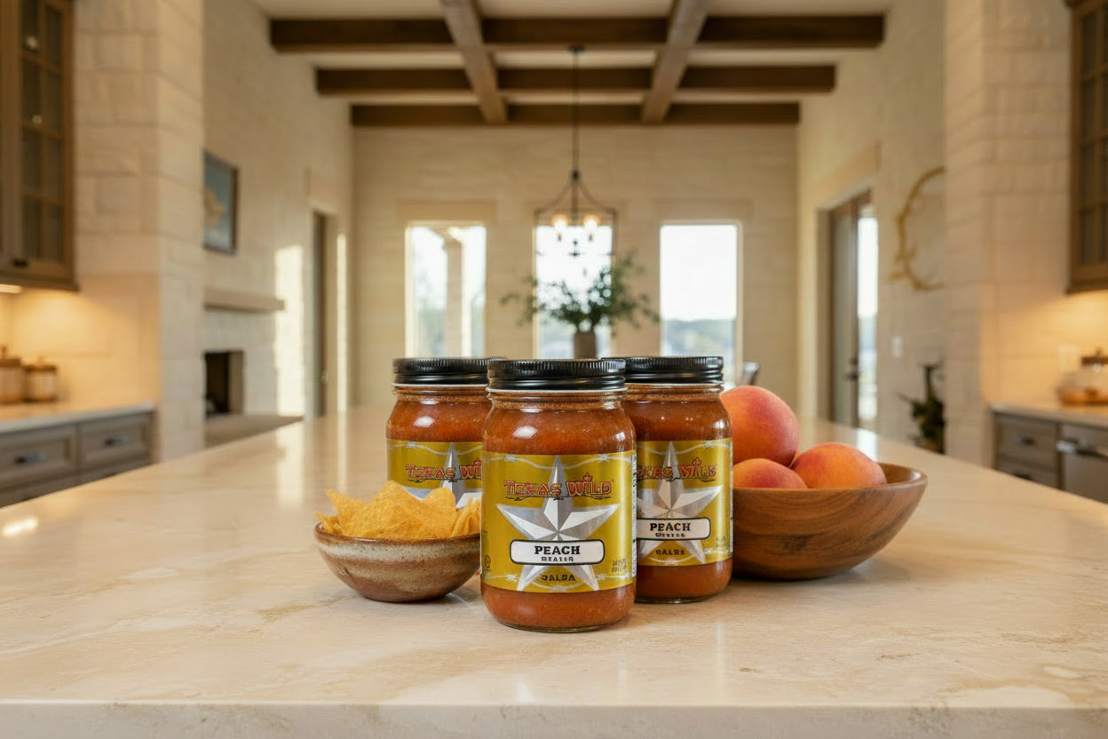 Texas Wild™ original Peach Salsa captures the essence of Fredericksburg peaches.   Texas made wholesale products available at TexasWildBrand.com