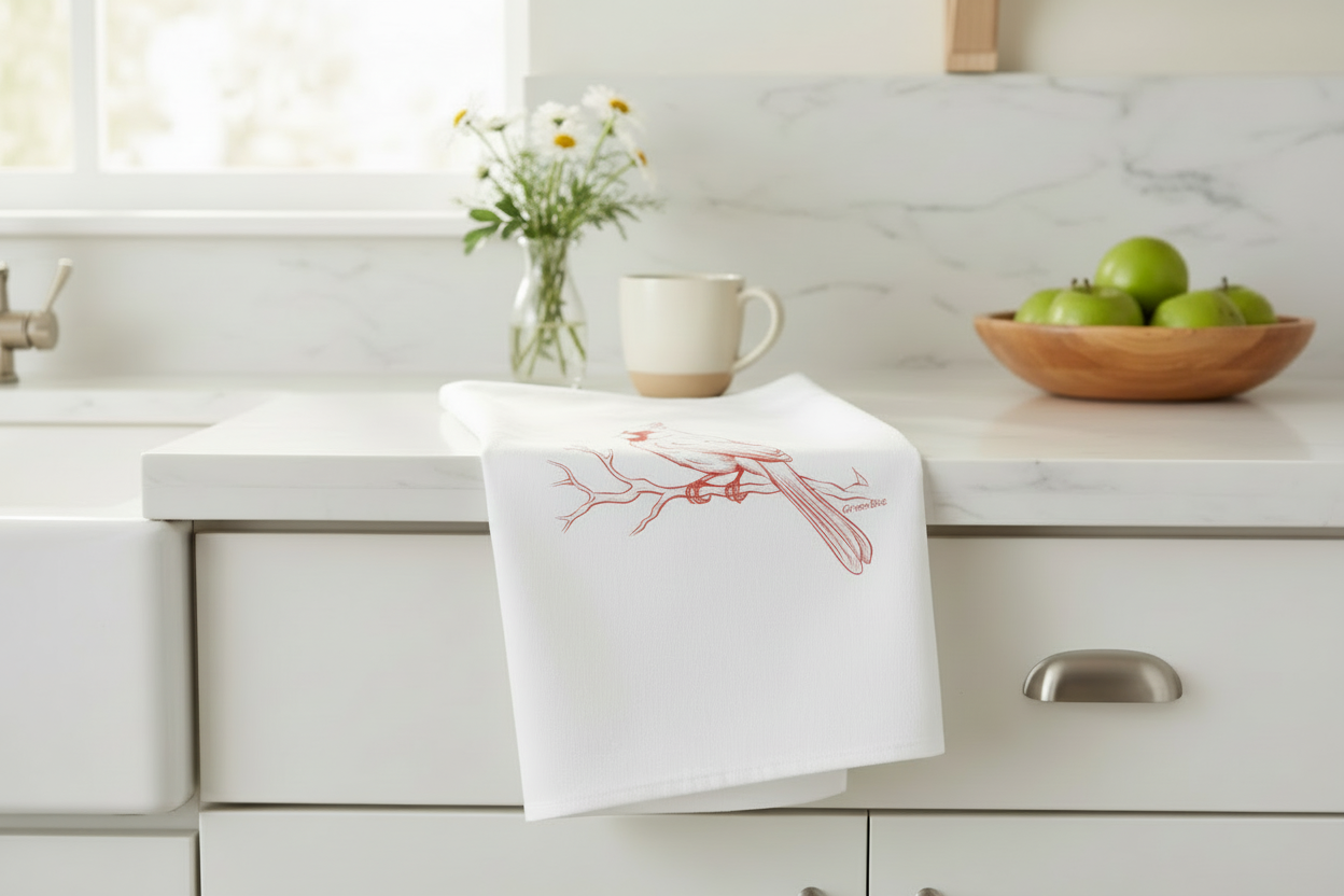 Red Cardinal printed kitchen tea towels for country styled kitchens Christmas decor and gift ideas. See TexasWildBrand.com for info.