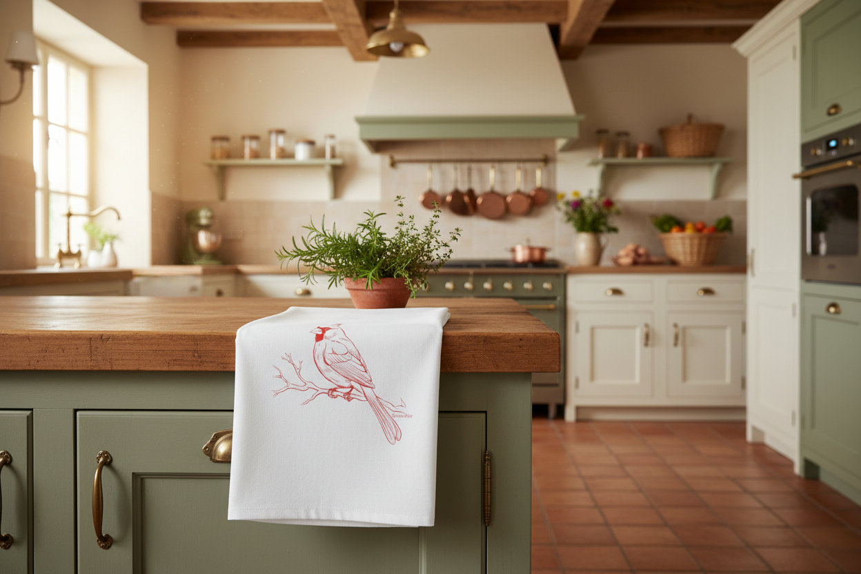 Red Cardinal printed kitchen tea towel.  See available USA kitchen goods and decor at Texas Wild of Fredericksburg TX.