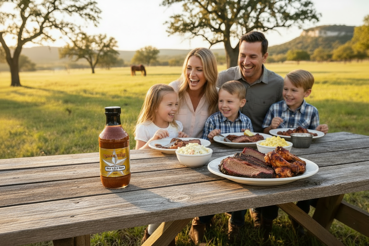 Texas Hill Country BBQ scene with one Spicy BBQ Sauce bottle on the picnic table